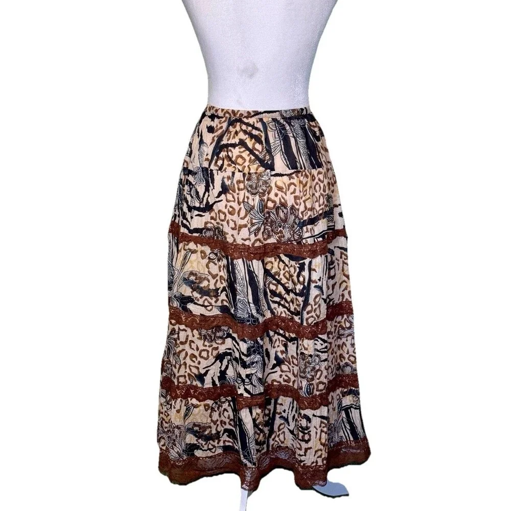 La Cera Women’s Boho Patchwork Animal Print Hippie Gypsy Tiered Maxi Skirt Sz Lg